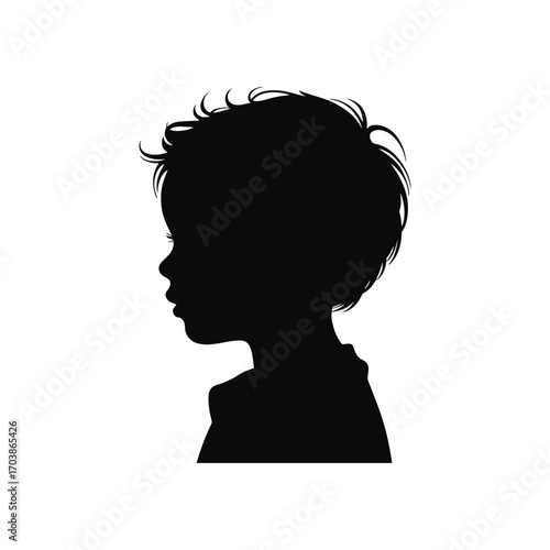 Young Boy Silhouette Illustration Profile View with Curly Hair and Innocent Expression