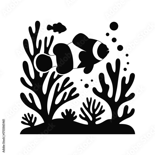 Clownfish Silhouette Illustration with Coral Reef and Bubbles Underwater Scene