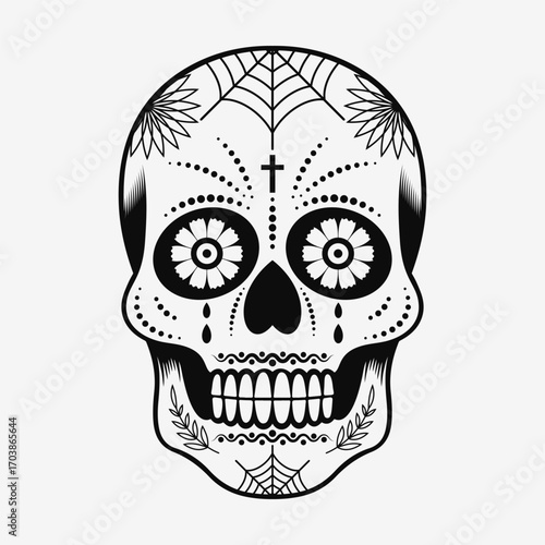 Black and white sugar skull with ornaments