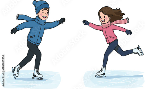 Two people ice skating on winter rink, joyful movement in cold weather, seasonal activity with scarves, jackets, gloves and white background