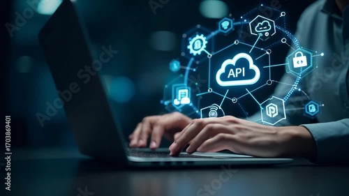 Programmer Typing on Laptop with Digital Icons for API Development, Security, and Cloud Computing in Application Software Tool Concept - Empty Space on Left