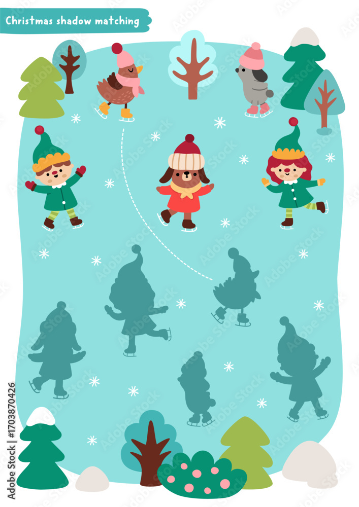Fototapeta premium Christmas village shadow matching activity with elves, animals ice skating on rink with trees, snowflakes. Winter holiday puzzle with cute scene. New Year find correct silhouette worksheet