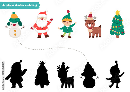 Christmas village shadow matching activity with Santa Claus, deer, fir tree, elf, snowman. Winter holiday puzzle with traditional characters. New Year find correct silhouette printable worksheet, game