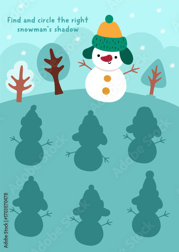 Christmas village shadow matching activity with cute scene and snowman. Winter holiday puzzle with traditional character. New Year find correct silhouette printable worksheet, game