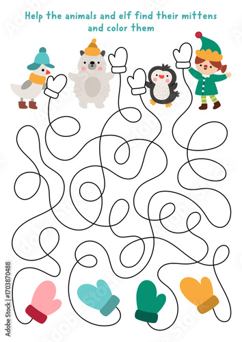 Christmas village maze, coloring and matching activity for children with cute animals, elf and mittens. Funny labyrinth game with bear, goose, penguin. Winter holiday printable activity, worksheet