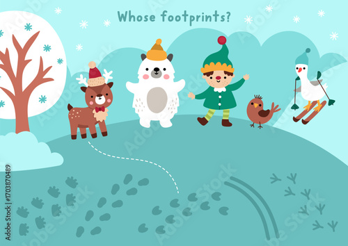Christmas village matching activity with cute animals, elf and footprints. Winter holiday puzzle with polar bear, deer, goose on ski. Match object game with foot prints. New Year printable worksheet