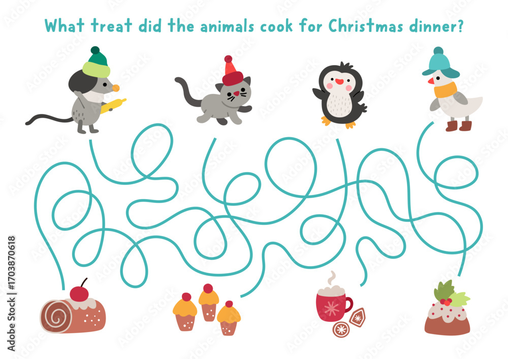 Obraz premium Christmas village maze for children with cute animals cooking treats for dinner. Funny simple labyrinth game with mouse, cat, goose, penguin. Winter holiday printable activity, worksheet