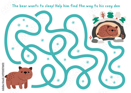 Christmas village maze for children with cute sleepy brown bear searching his way to his den. Funny labyrinth game with animal and cozy lair. Winter holiday printable activity, worksheet