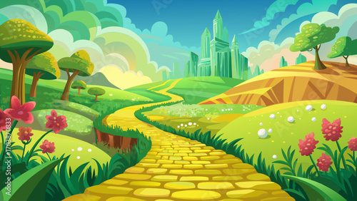 Enchanted yellow brick road winds through green landscape. Springtime blooms in vibrant colors. Picturesque emerald city in distance beckons. Magical pathway leads to magical destination. Idyllic