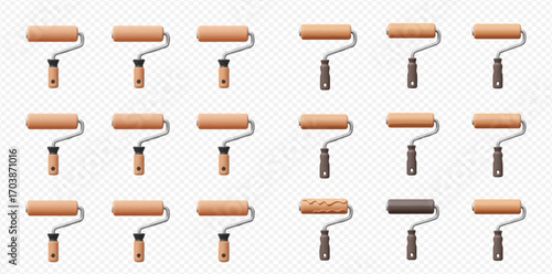 Multiple paint rollers arranged in a grid pattern, showcasing different roller types and colors.