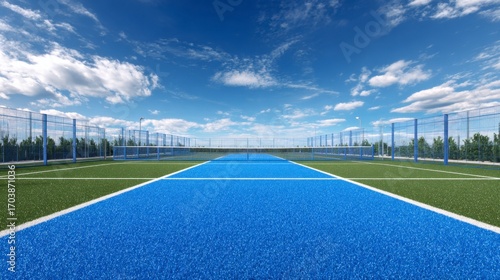 A blue and green tennis court under a blue sky with scattered clouds