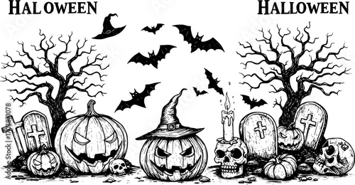 black and white vector illustration of an halloween set
