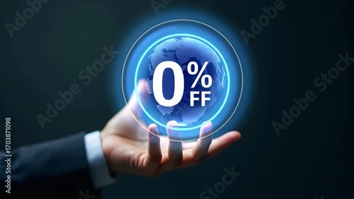 Hand interacting with holographic zero percent interest rate symbol, representing zero percent financing discounts and no commission sales promotions in empty space.