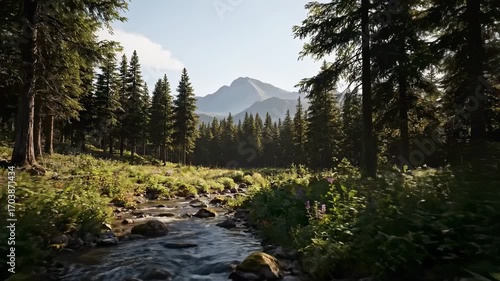 Camera moves through a forest stream towards distant mountains