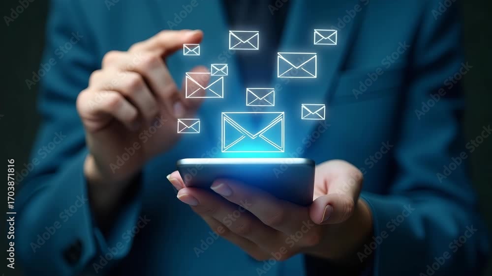 Person checks digital email with new notification icons on interface, showcasing email communication alerts and online correspondence management in a stock photo concept.
