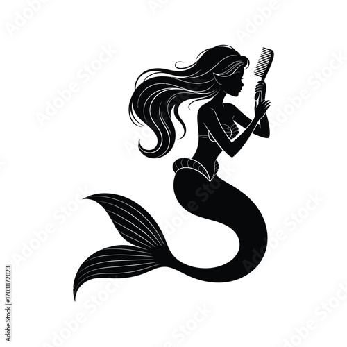 Mermaid Silhouette Illustration Combing Hair with Scales and Tail on a White Background