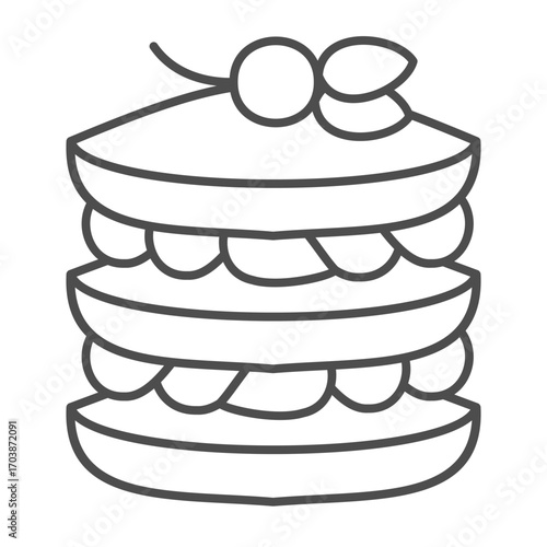 Puff pastry with cream and cherry thin line icon, desert sweets concept. Vector graphics. Baked pancakes sign on white background, outline style icon for mobile or web design.