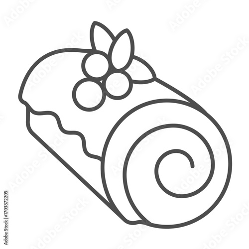 Roll bun thin line icon, desert sweets concept. Vector graphics. Fresh bun with poppy seeds in glaze and berries sign on white background, outline style icon for mobile or web design.