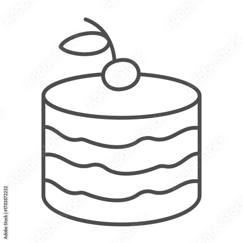 Puff cream cake thin line icon, desert sweets concept. Vector graphics. Delicious cake with cherry sign on white background, outline style icon for mobile or web design.