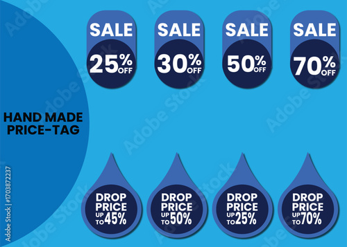 Set of blue sale price tags with discount percentages