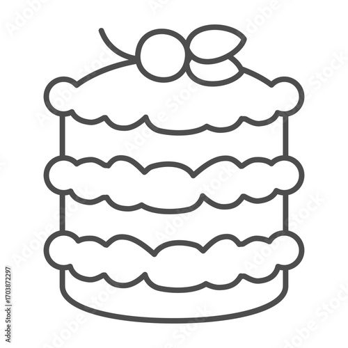 Three tier bun thin line icon, desert sweets concept. Vector graphics. Delicious cake with white cream and cherries sign on white background, outline style icon for mobile or web design.