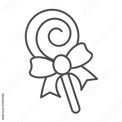 Lollipop candy with shape of twirl and bow thin line icon, desert sweets concept. Vector graphics. Candy sign on white background, outline style icon for mobile or web design.