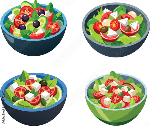 Four bowls of fresh Greek salad with feta, olives and tomatoes