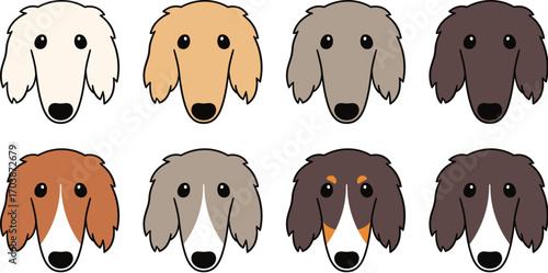 Cute cartoon Borzoi colors and patterns set. Dog breed face markings. Vector clip art illustration.