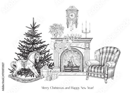 Vintage Christmas composition interior fireplace, armchair, rocking horse, fir-tree, clock, socks, candle, gifts boxes. Black white. Hand drawn Vector illustration, background for design greeting card