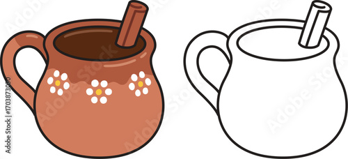 Cafe de Olla, traditional Mexican coffee in clay cup. Color illustration and black and white line art for coloring. Hand drawn vector clipart.
