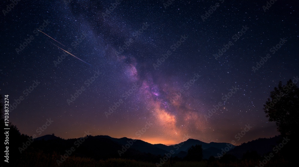Naklejka premium A starry nightscape featuring the Milky Way over dark hills with a shooting star visible