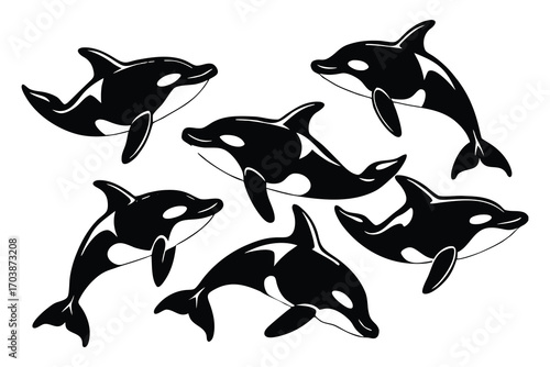 A playful pod of orcas swimming together in a whimsical sketch style illustration
