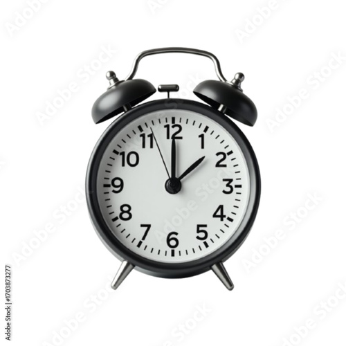 Classic black alarm clock with a white face and silver bells

