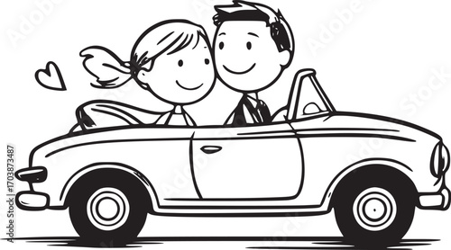 Couple in a Convertible: A whimsical illustration depicts a joyful couple, hand in hand, driving a classic convertible towards their shared future, symbolizing the open road of love and happiness.