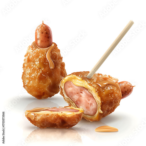 Fried sausage in batter with honey glaze, one cut open to reveal interior, on a stick