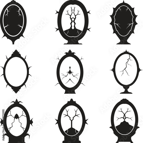 Collection of ornate and cracked oval mirrors with eerie silhouettes