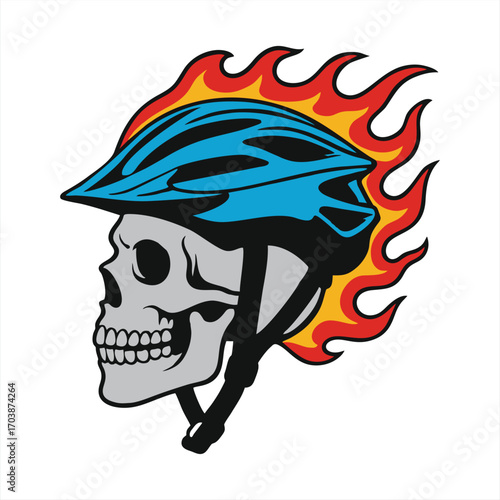 Biker Skull Head in Flames and Blue Helmet