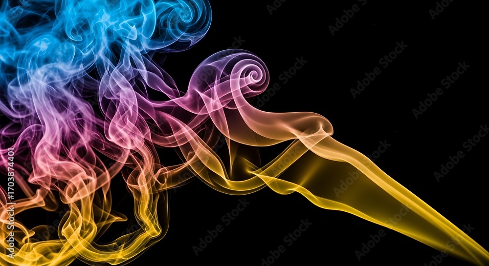 Fototapeta premium Colorful, vibrant smoke swirls against a black background create an abstract and dynamic visual effect.