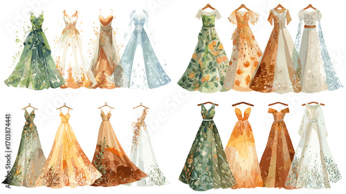 Elegant watercolor evening gown illustration set featuring floral dresses in green, orange, and cream tones, perfect for fashion design and wedding projects.