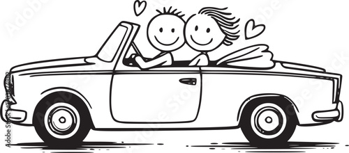 Love's Journey: A stick-figure couple rides in a classic car with hearts floating, epitomizing romance and the journey of love.