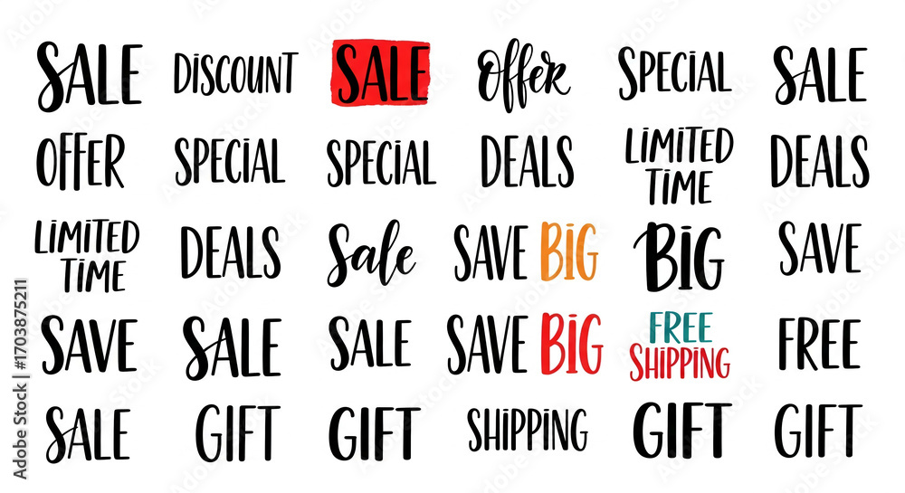Collection of hand-drawn sale and discount words, showcasing various marketing phrases for promotions, offers, and deals, ideal for advertising and design Collection of hand-drawn sale and discount words, showcasing various marketing phrases for promotions, offers, and deals, ideal for advertising and design