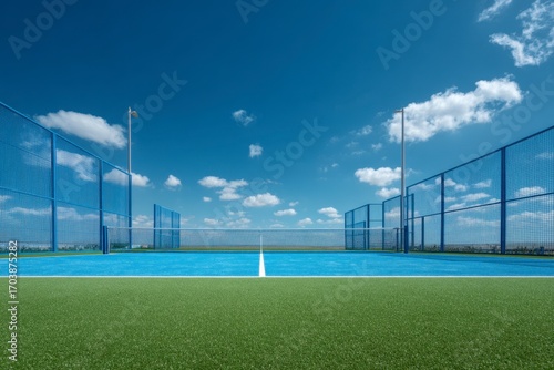 Blue tennis court with netting under a blue sky and scattered clouds
