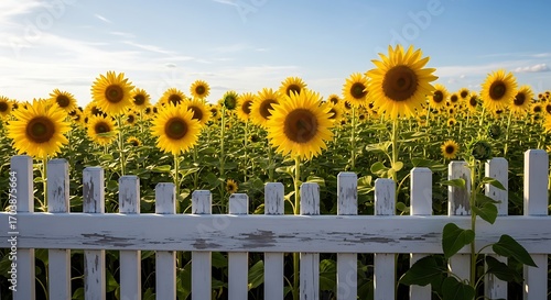 Fototapeta Naklejka Na Ścianę i Meble -  Vibrant Sunflower Field Behind a White Picket Fence on a Sunny Day.