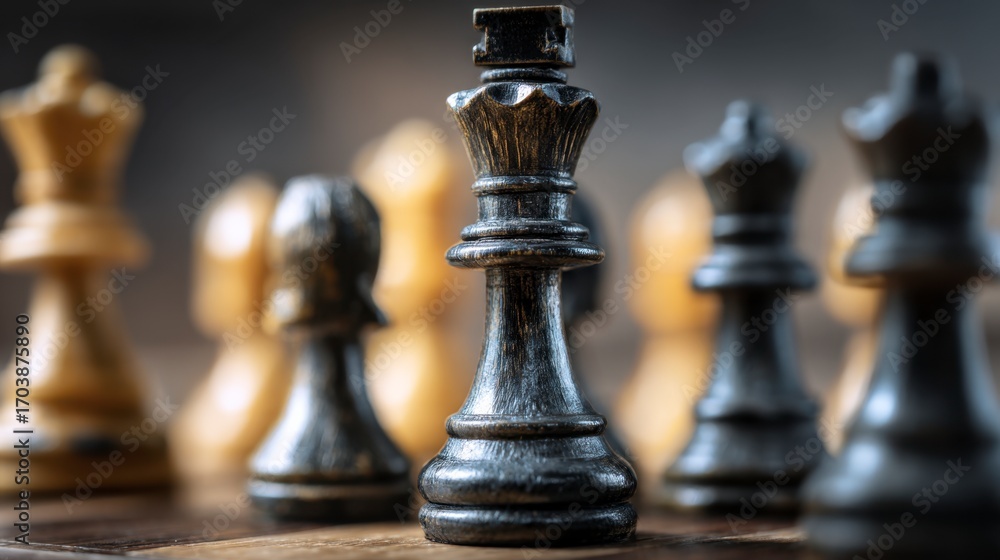 Fototapeta premium Chess pieces dominate King centered stark contrast between light and dark figures on a chess board