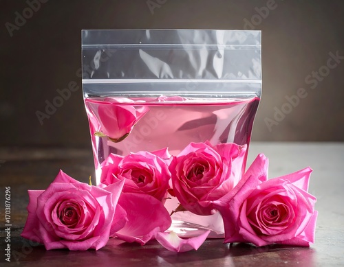 Pink rose water in a clear plastic bag