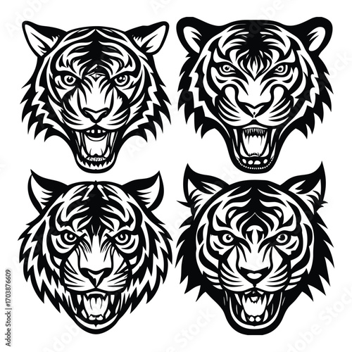 Four fierce tiger head illustrations in a black and white tattoo style