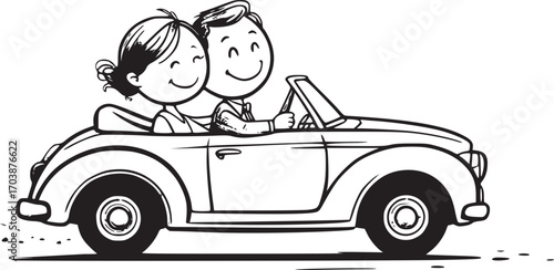 Drive of Joy: A charming illustration portrays a couple sharing a joyous convertible ride, their smiles radiating the delight of adventure and togetherness. 