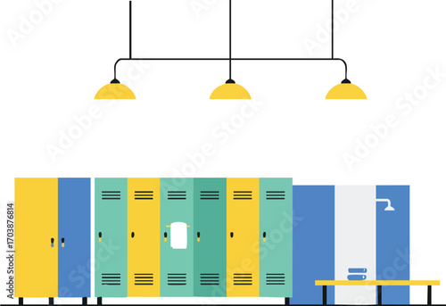 Colorful lockers with a shower and bench in a minimalistic style