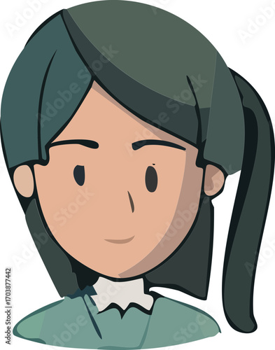Flat Style Half Body Girl with Ponytail Character Illustration