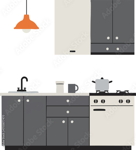 Kitchen interior with cabinets sink stove and pendant light illustration
